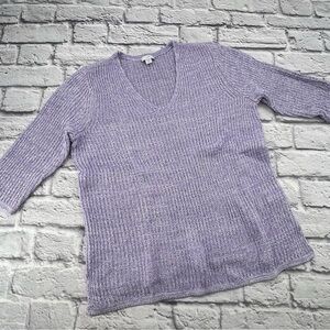 J. Jill Lavender V-Neck Sweater Medium Petite 3/4 Sleeve Chunky Knit Casual